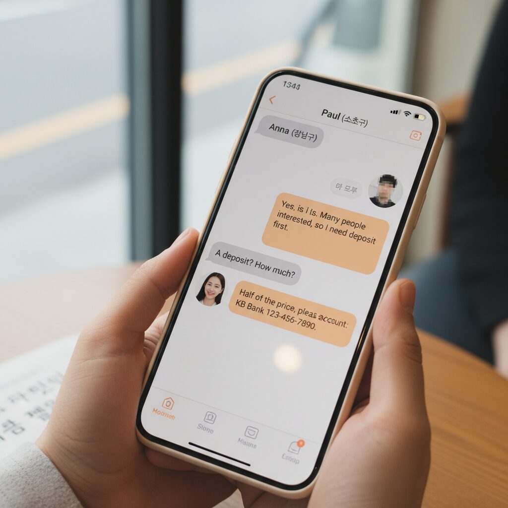 당근마켓 채팅창에서 선입금을 요구하는 사기 메시지 예시