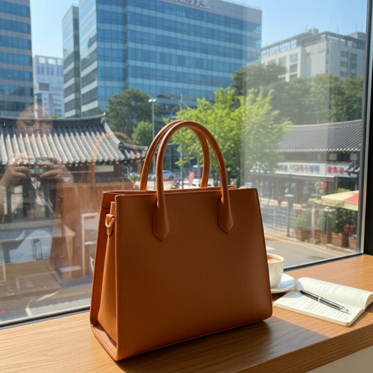 창가에서 찍은 밝은 배경의 가방 사진 예시