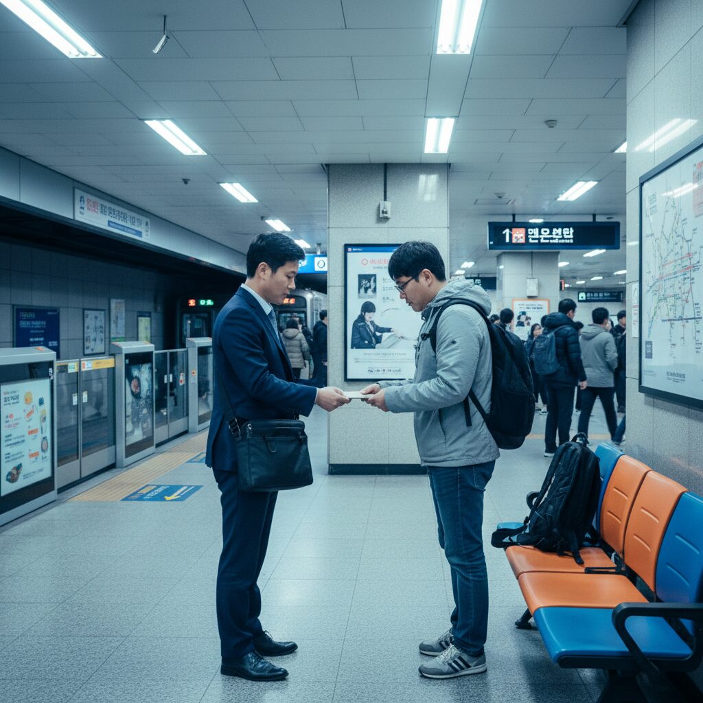 지하철역 내부에서 만나서 거래하는 모습