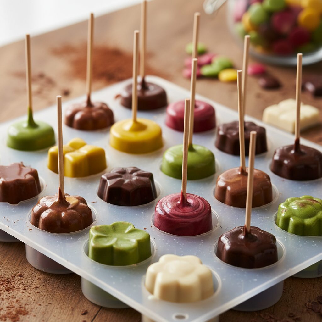 여러 색상의 초콜릿이 실리콘 몰드에 담겨 있고 꼬지가 꽂혀 있음