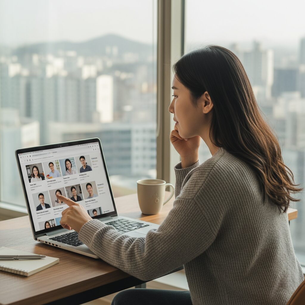 노트북으로 다양한 화상영어 강사 프로필을 비교하며 고르는 여성