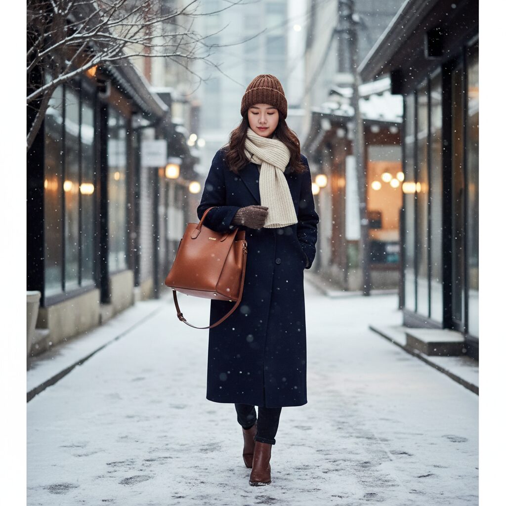네이비 롱코트에 브라운 가방과 비니를 매치한 겨울 코디 예시