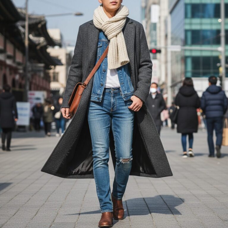 데님 재킷과 청바지를 입고 그 위에 롱 코트를 걸친 레이어드 스타일