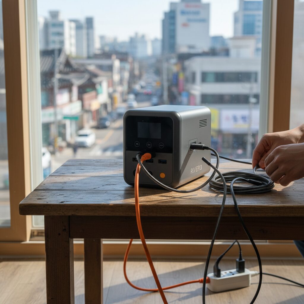 테이블 위에 놓인 에코플로우 리버3 UPS 파워뱅크와 충전 케이블