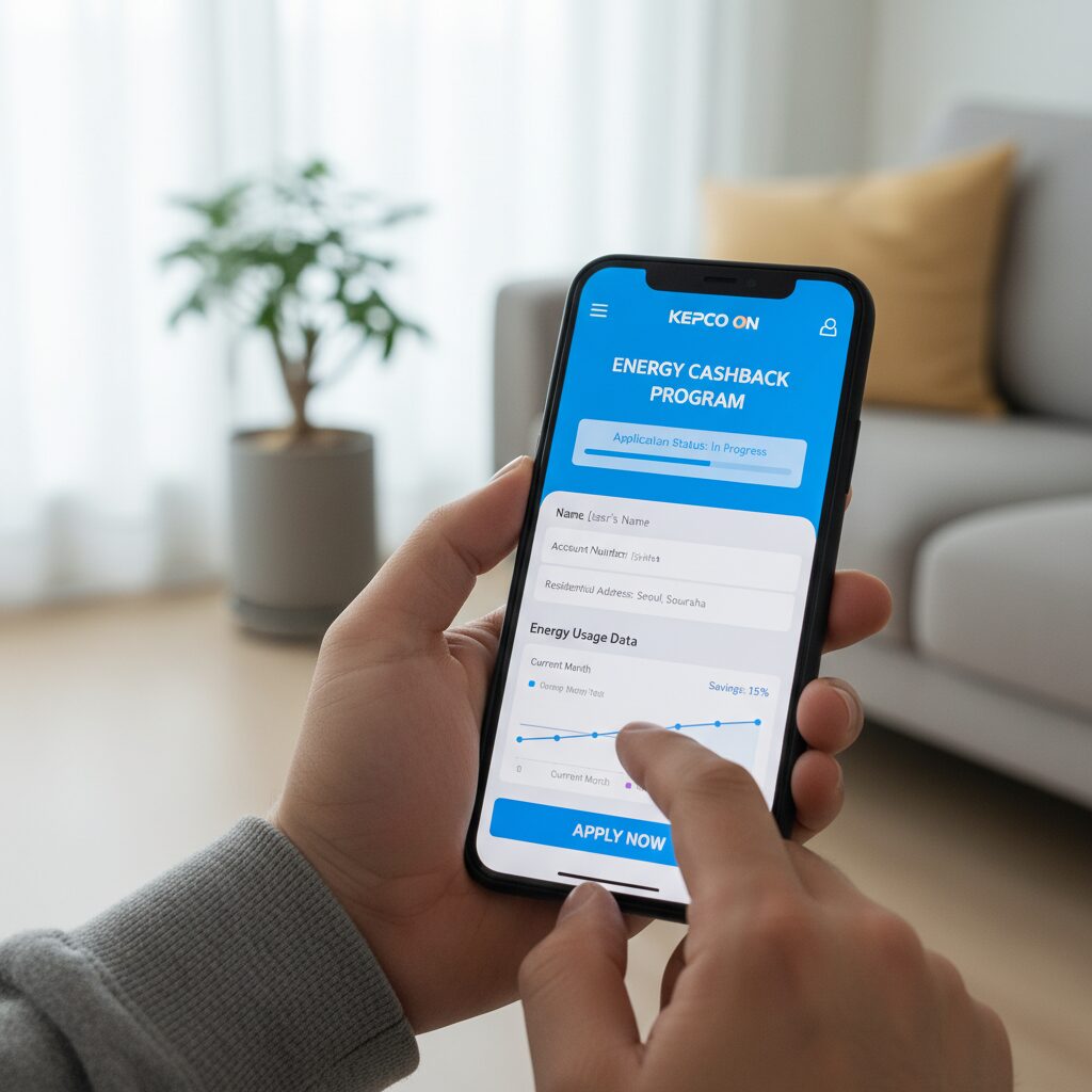 스마트폰으로 한전ON 앱에서 에너지 캐시백 신청하는 화면