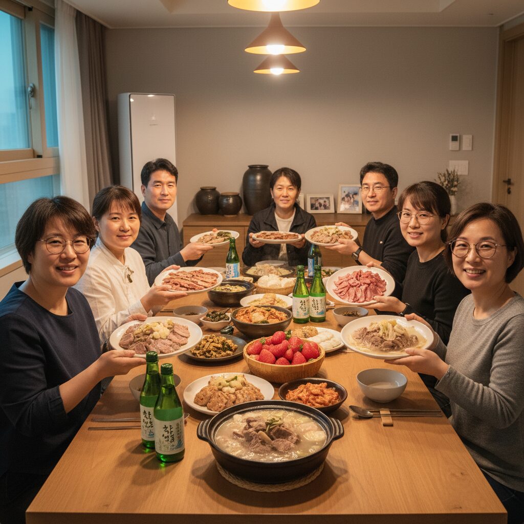 고향사랑기부제 답례품으로 받은 음식을 즐기고 있는 사람들