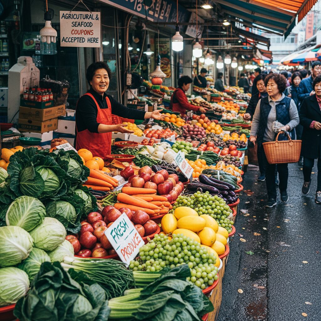 농축수산물 할인쿠폰을 사용할 수 있는 전통시장의 신선한 채소와 과일 진열대