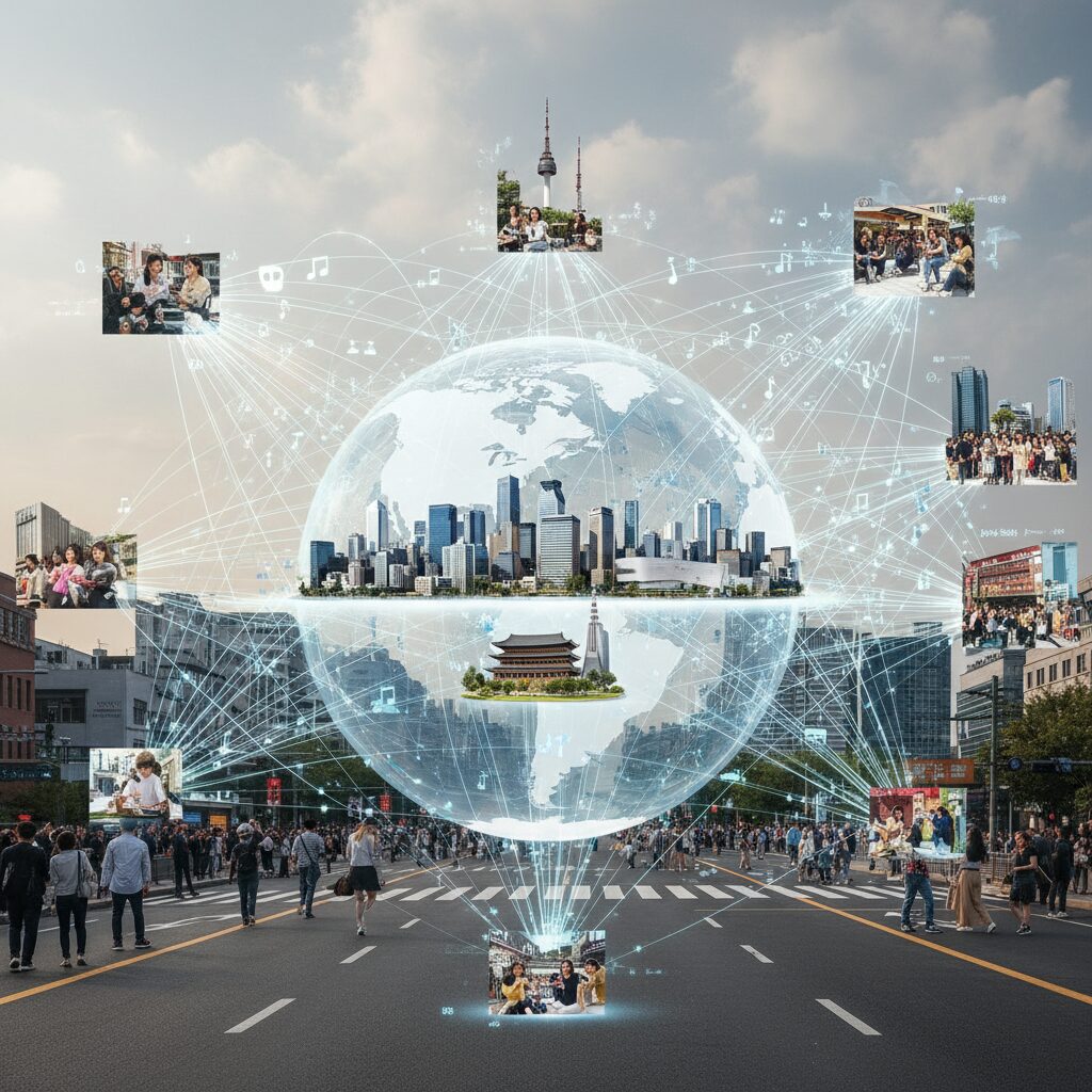 전 세계를 연결하는 K콘텐츠 생태계를 상징하는 네트워크 이미지