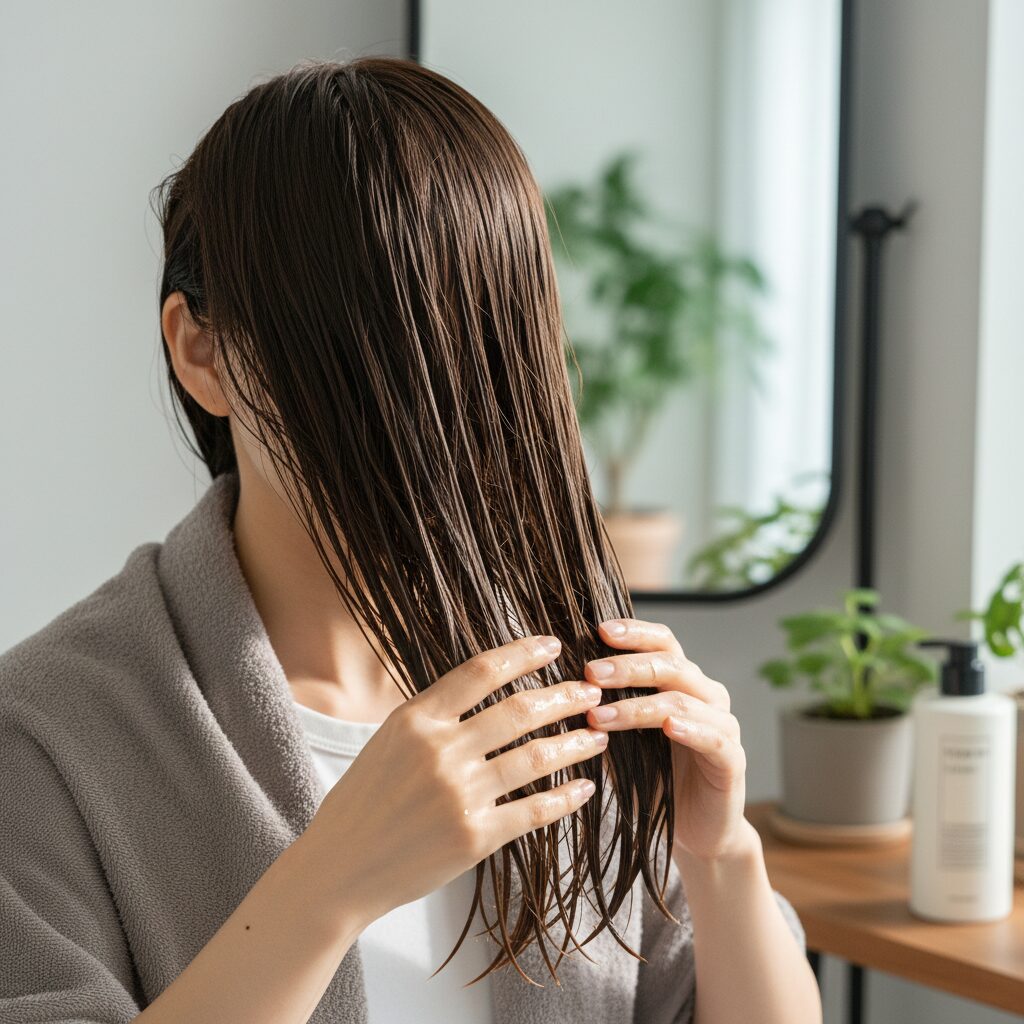 젖은 모발에 헤어오일을 고르게 펴 바르는 모습