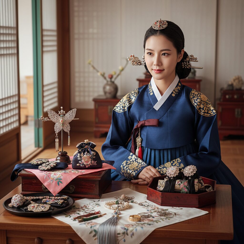 한복에 맞는 다양한 전통 액세서리와 머리장식