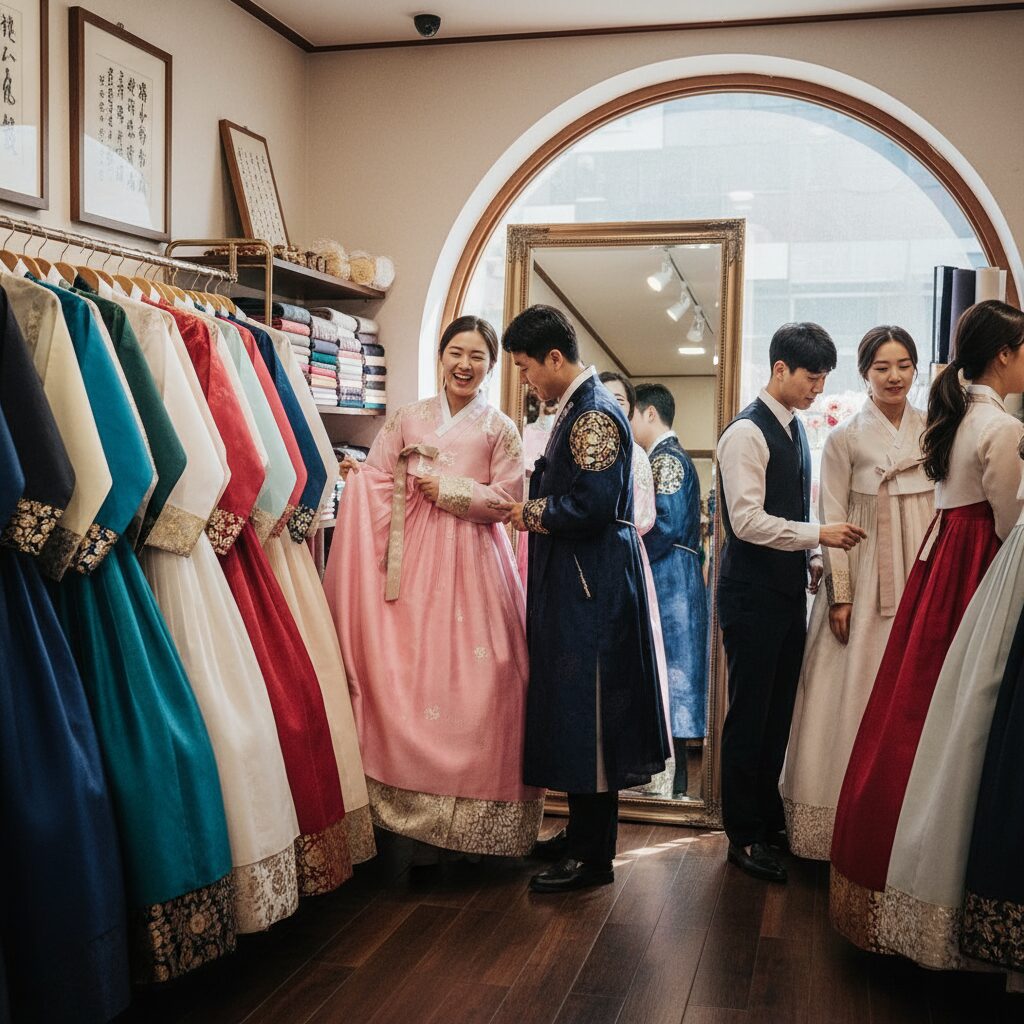 여러 가지 색상과 디자인의 한복을 고르고 있는 모습
