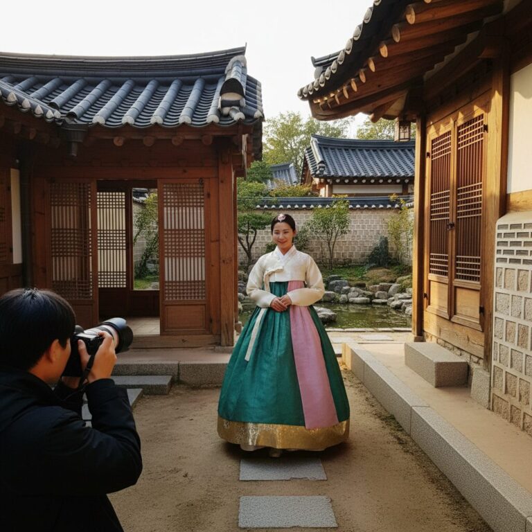 한복을 입고 전통 한옥 배경에서 자연스럽게 포즈를 취하며 사진을 찍는 모습