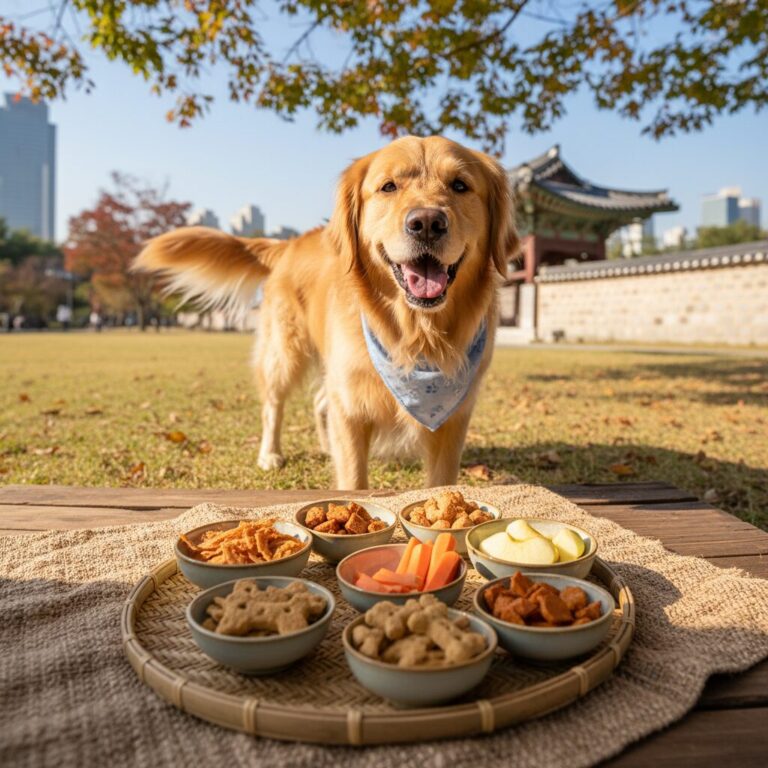행복한 표정으로 다양한 안전 간식을 바라보는 강아지