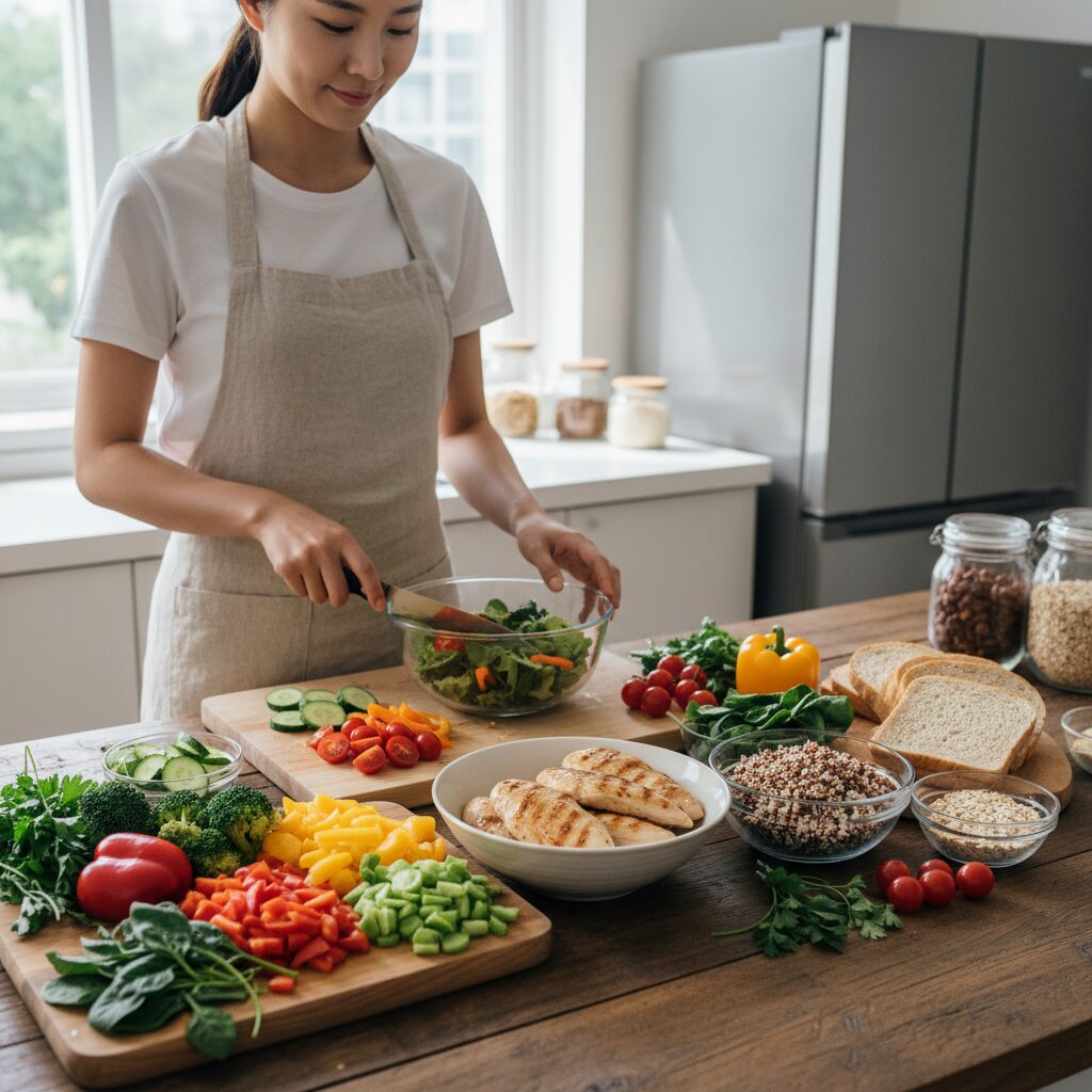 건강한 식단 준비 단백질 채소 통곡물