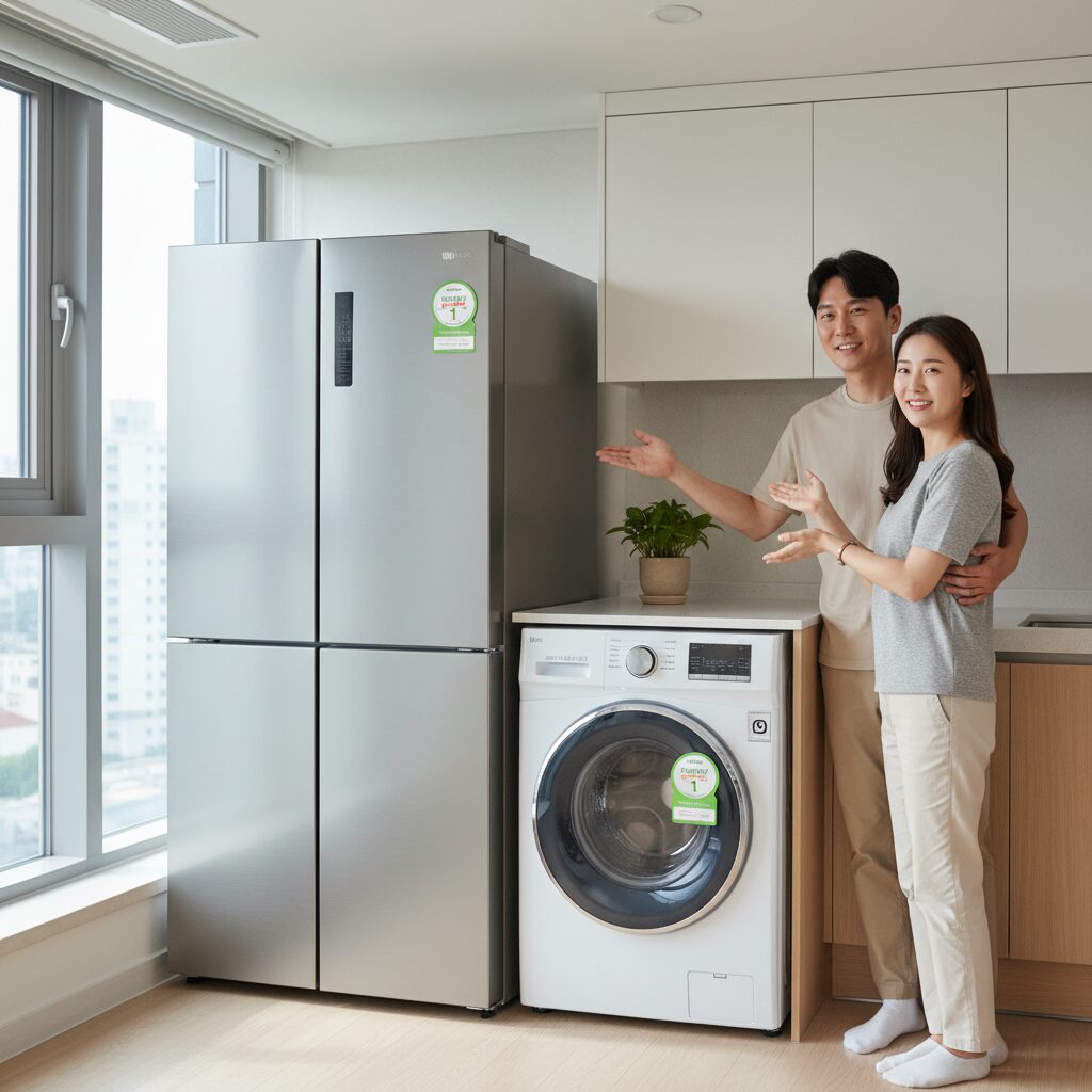 에너지 효율 1등급 라벨이 붙은 냉장고와 세탁기