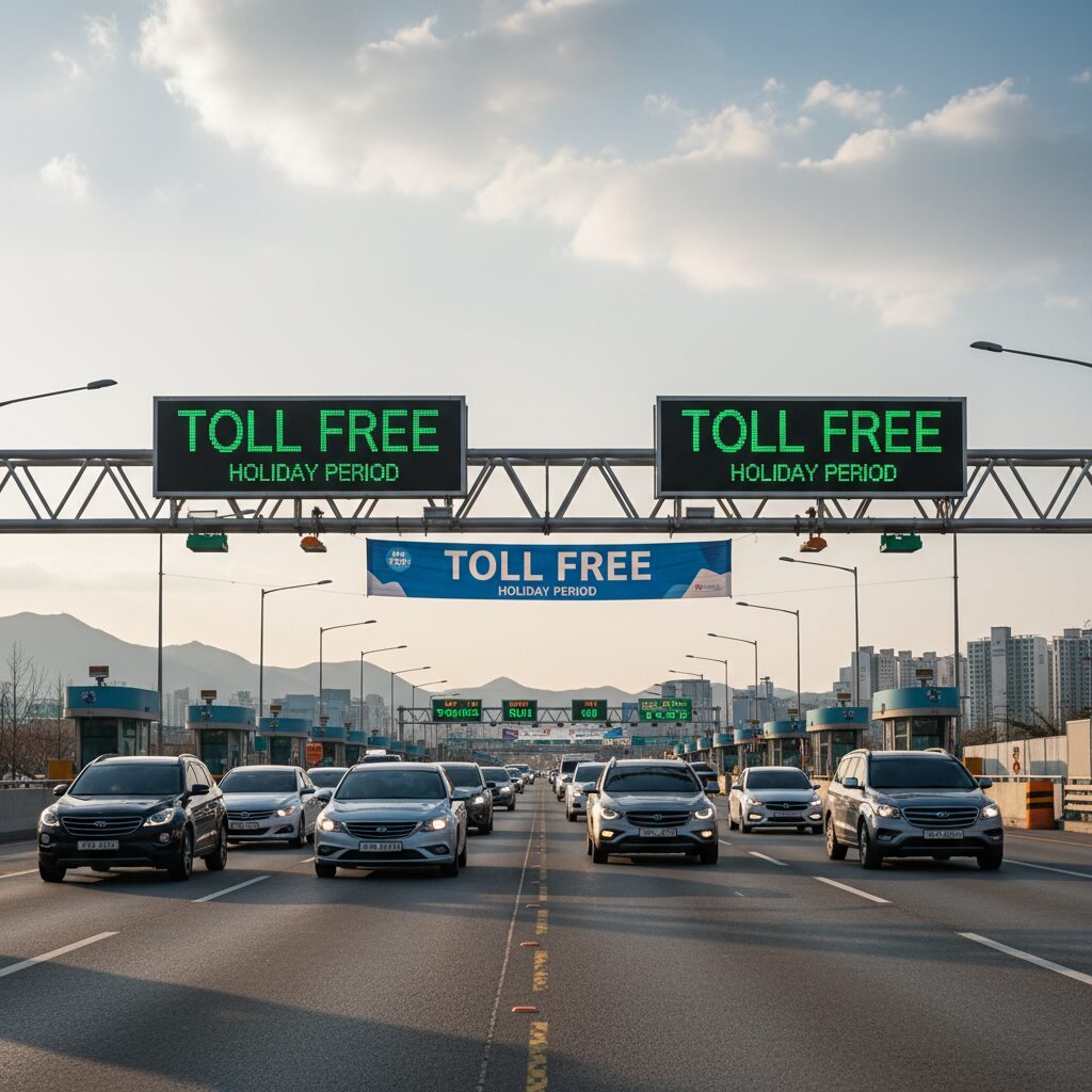 명절 연휴 고속도로 통행료 무료 표지판과 차량들