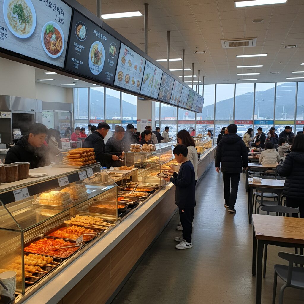 명절期间 고속도로 휴게소 내부의 다양한 음식과 사람들