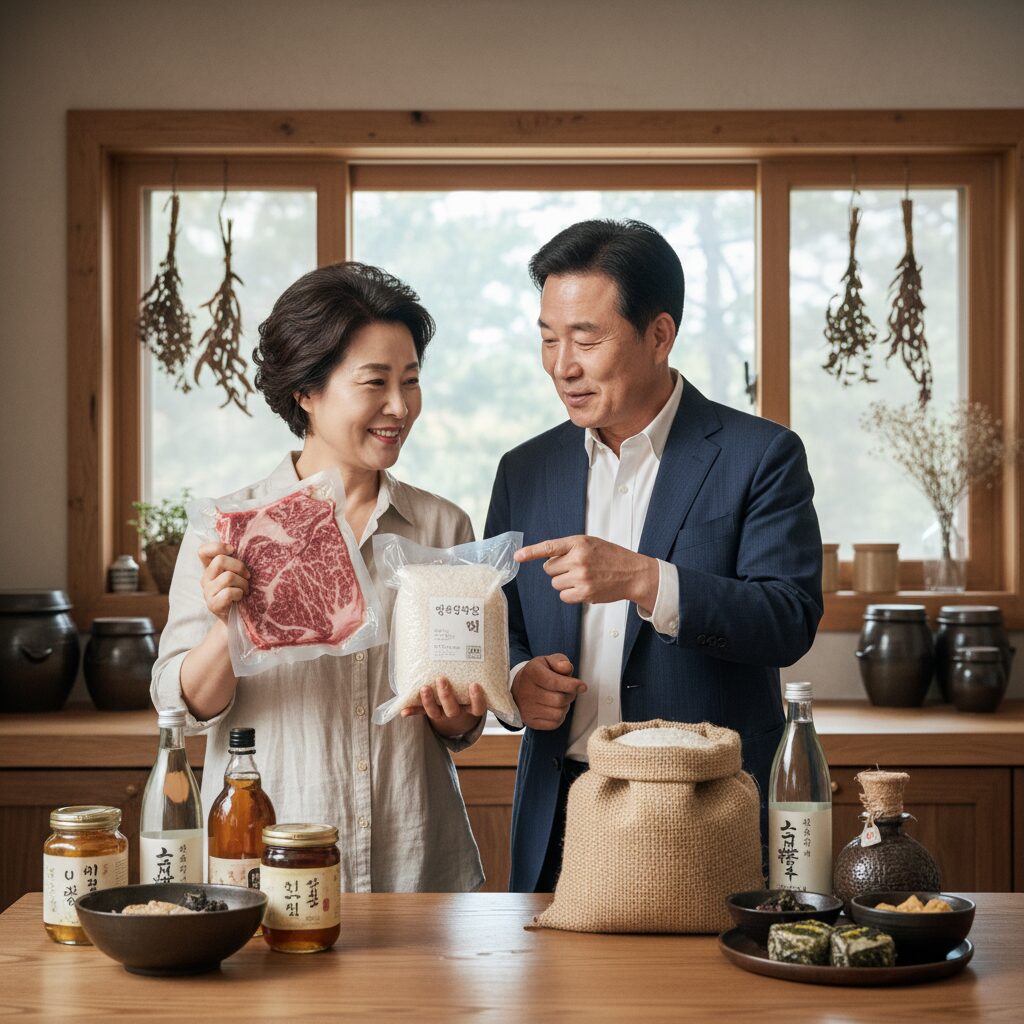 고향사랑기부제 답례품으로 고기와 쌀을 선택하는 모습