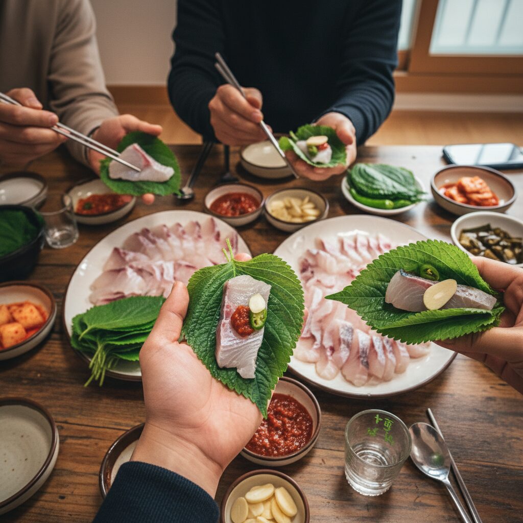 대방어회를 깻잎에 싸먹는 다양한 방법