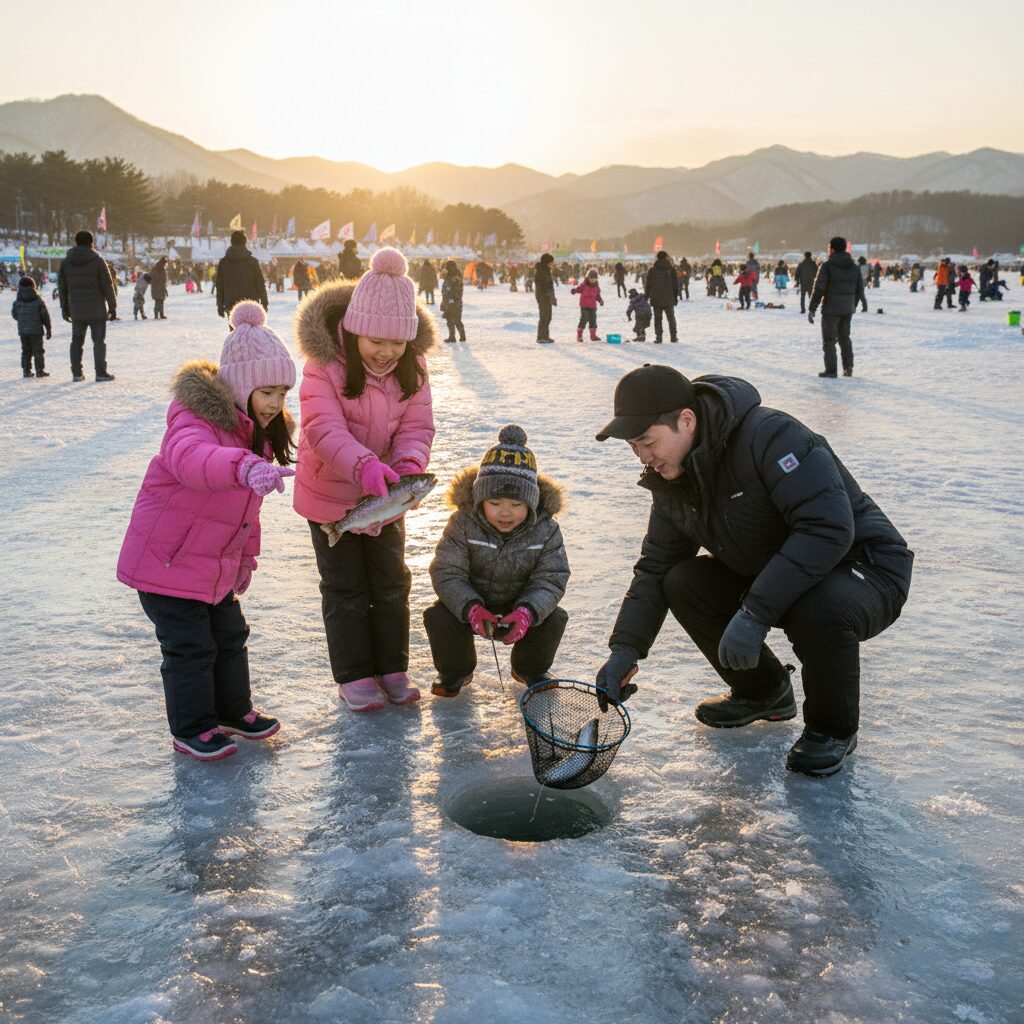 화천 산천어축제 얼음 위에서 가족이 함께 산천어 낚시하는 모습