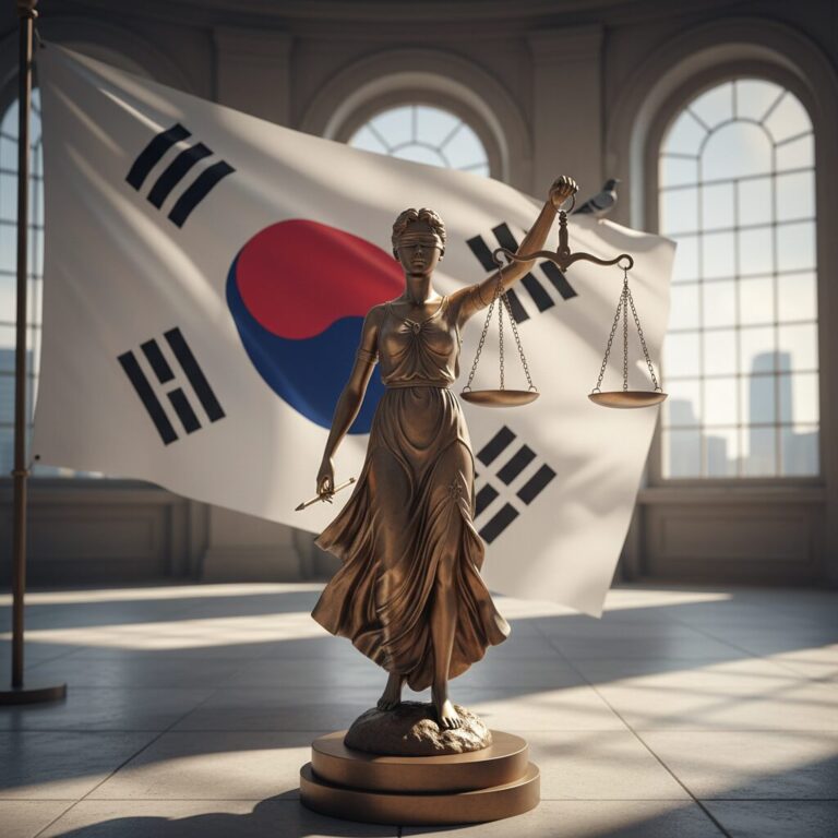 저울을 상징하는 정의의 아이콘과 대한민국 국기