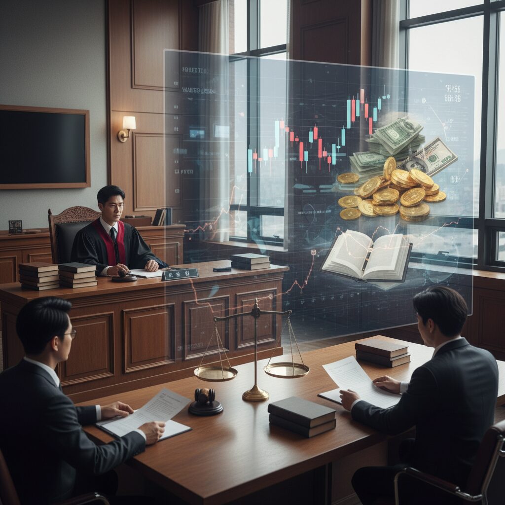 법정과 금전 거래를 상징하는 이미지