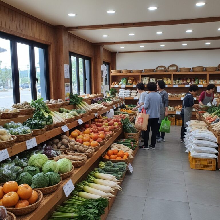 올더여주 로컬푸드 직매장 내부의 다양한 지역 농산물 진열 모습