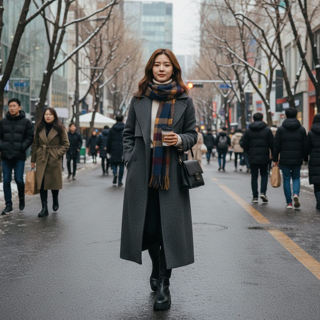 롱 코트와 부츠를 매치한 겨울 스트리트 패션 사진