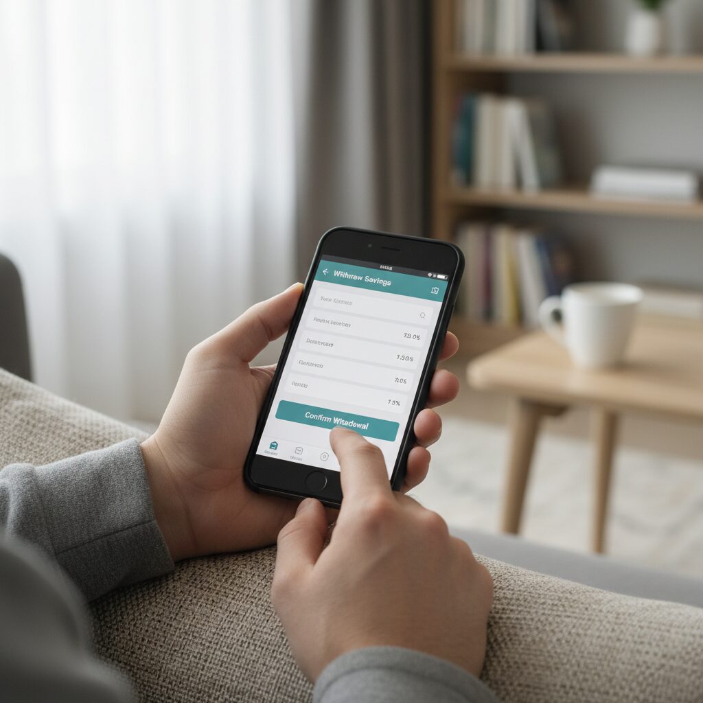 스마트폰으로 은행 앱을 이용해 적금을 해지하는 모습