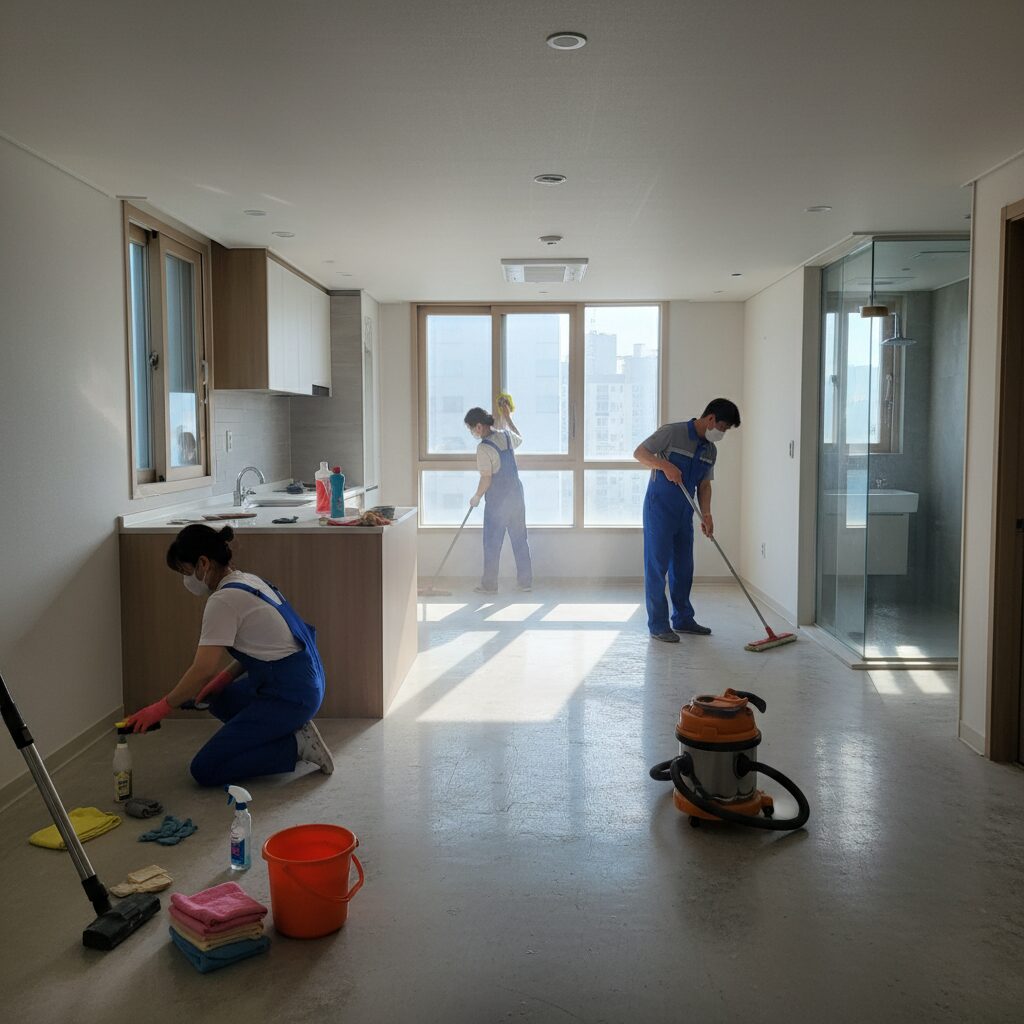 입주청소 전문가가 신축 아파트를 청소하고 있는 모습