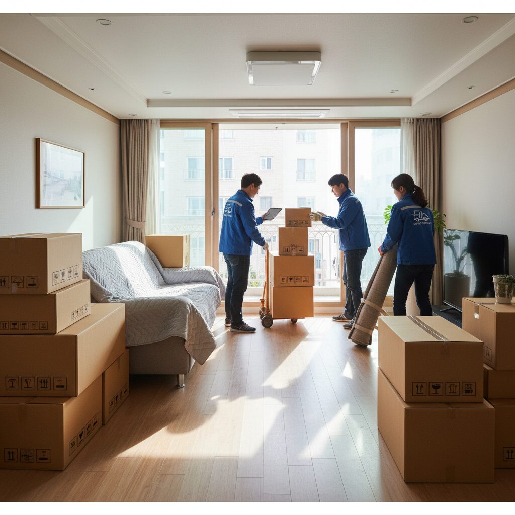 체계적으로 포장된 짐들과 이사 업체 직원이 협력하는 모습