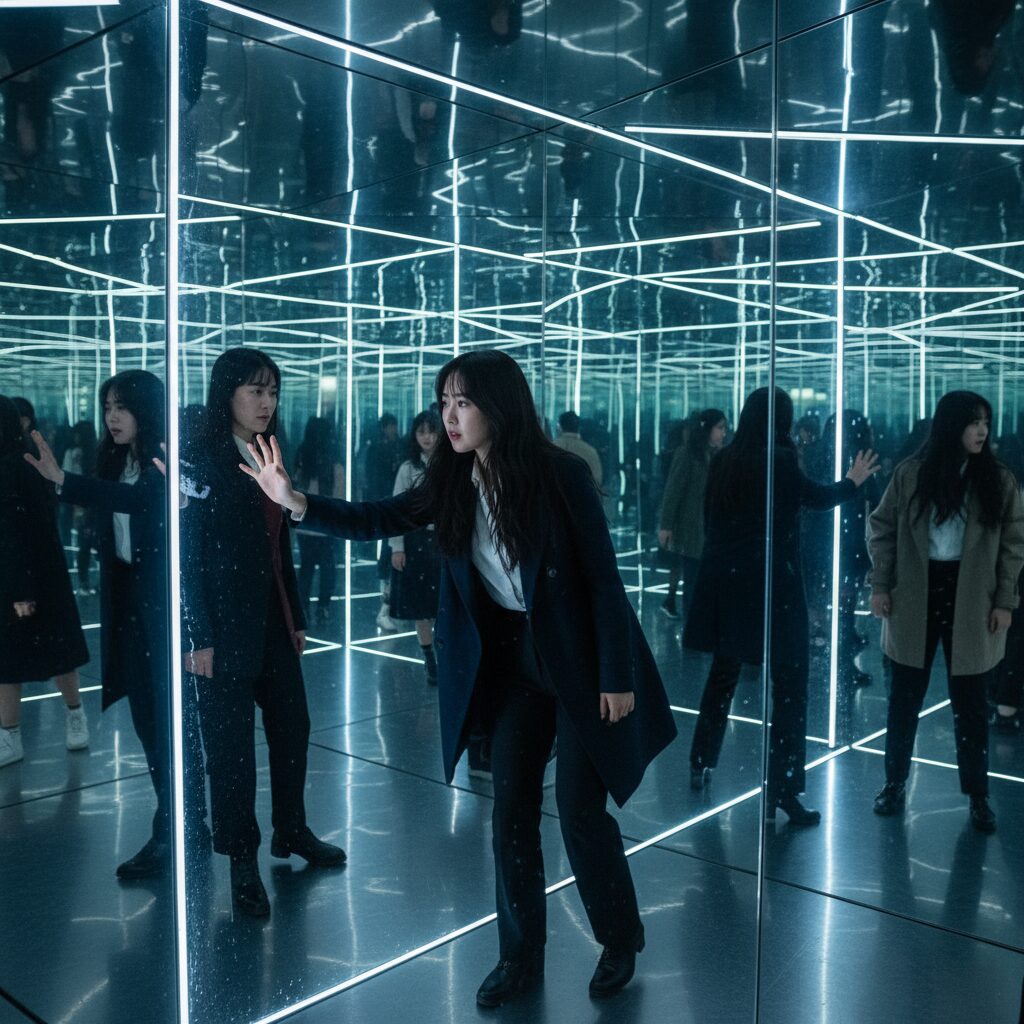 미러룸 영화 스틸컷 유리 미로 속 인물들