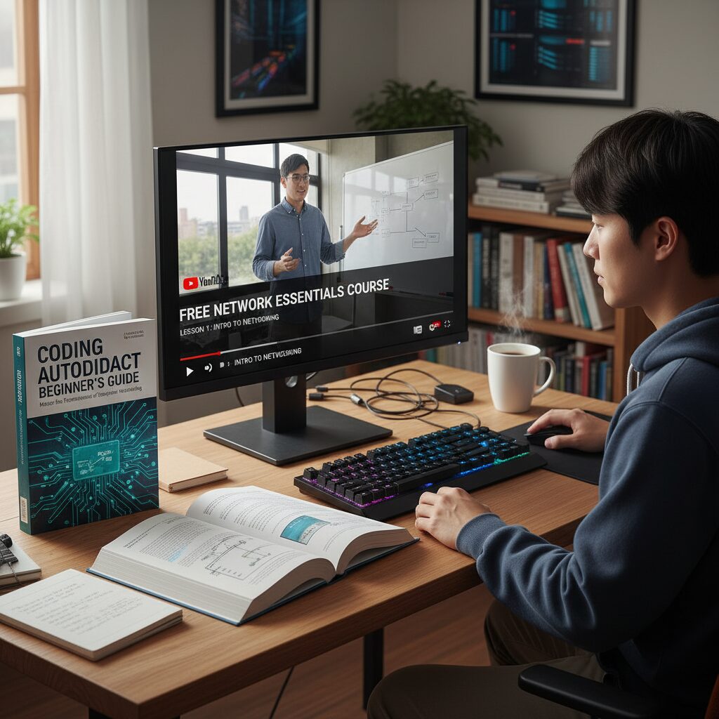 코딩 자율학습 네트워크 입문 책과 유튜브 무료 강의 화면이 함께 있는 이미지