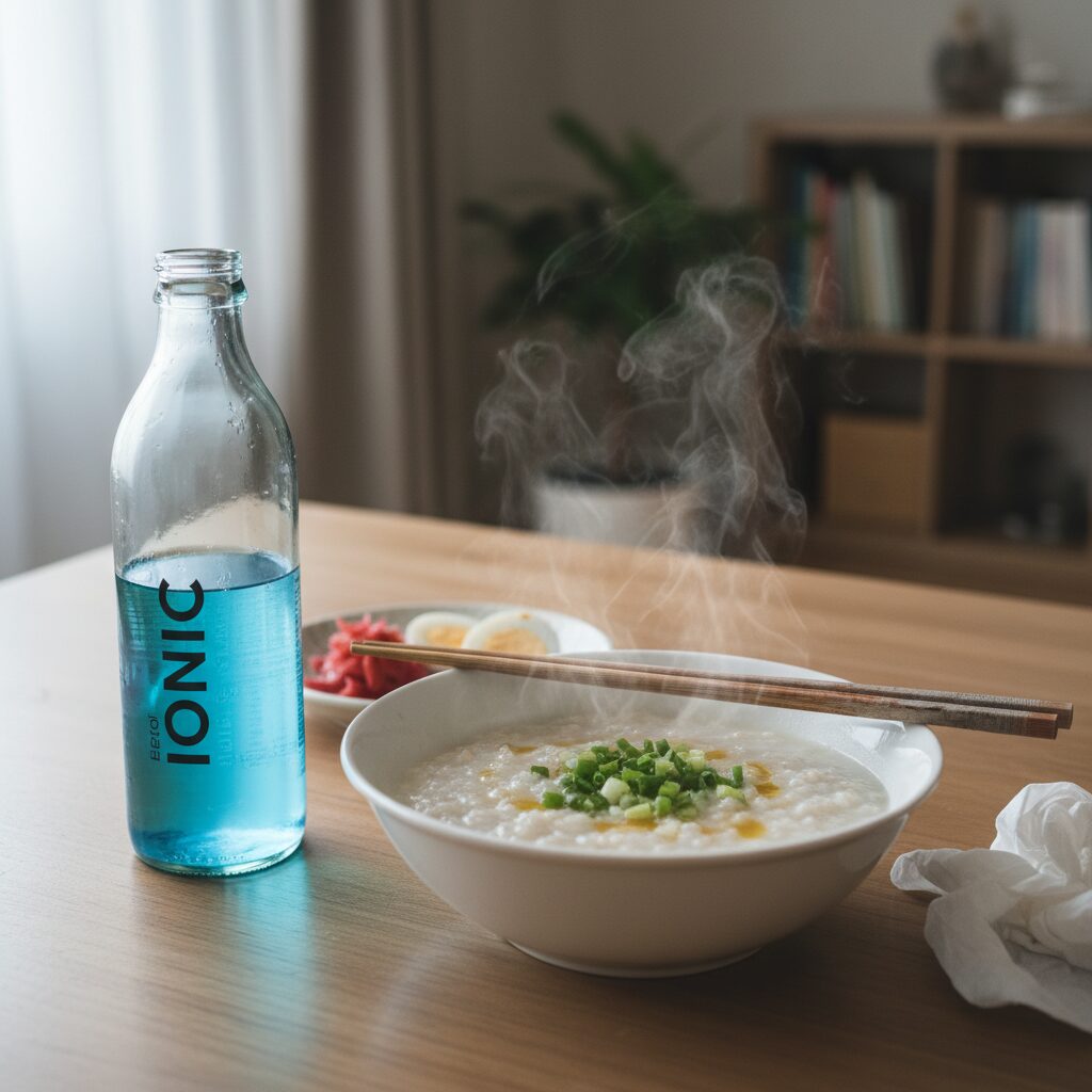 이온음료와 죽이 놓여있는 테이블 위 모습