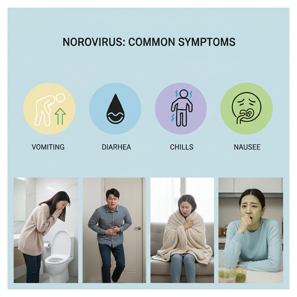 노로바이러스 주요 증상 구토 설사 오한 메스꺼움을 아이콘으로 표현한 인포그래픽