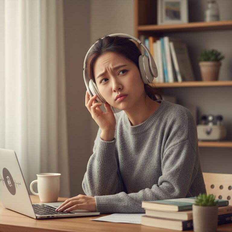음성만으로 진행되는 화상영어 수업에서 고개를 갸우뚱하는 여성