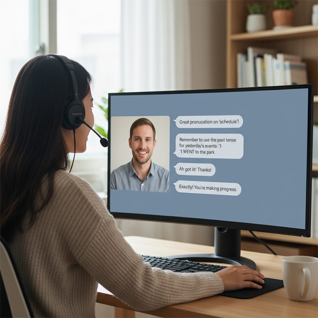 화상영어 수업 중 채팅창에 피드백이 텍스트로 기록되는 모습