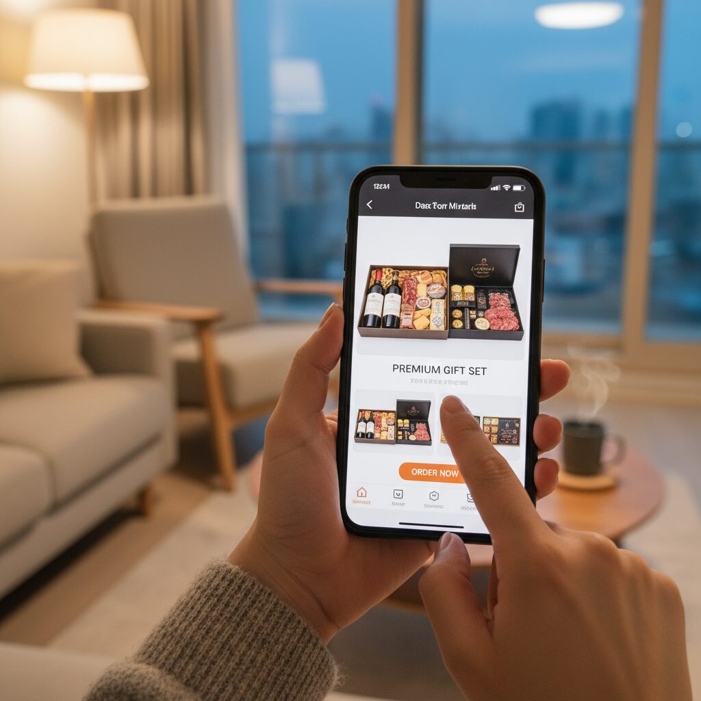 스마트폰으로 프리미엄 선물세트를 주문하는 모습