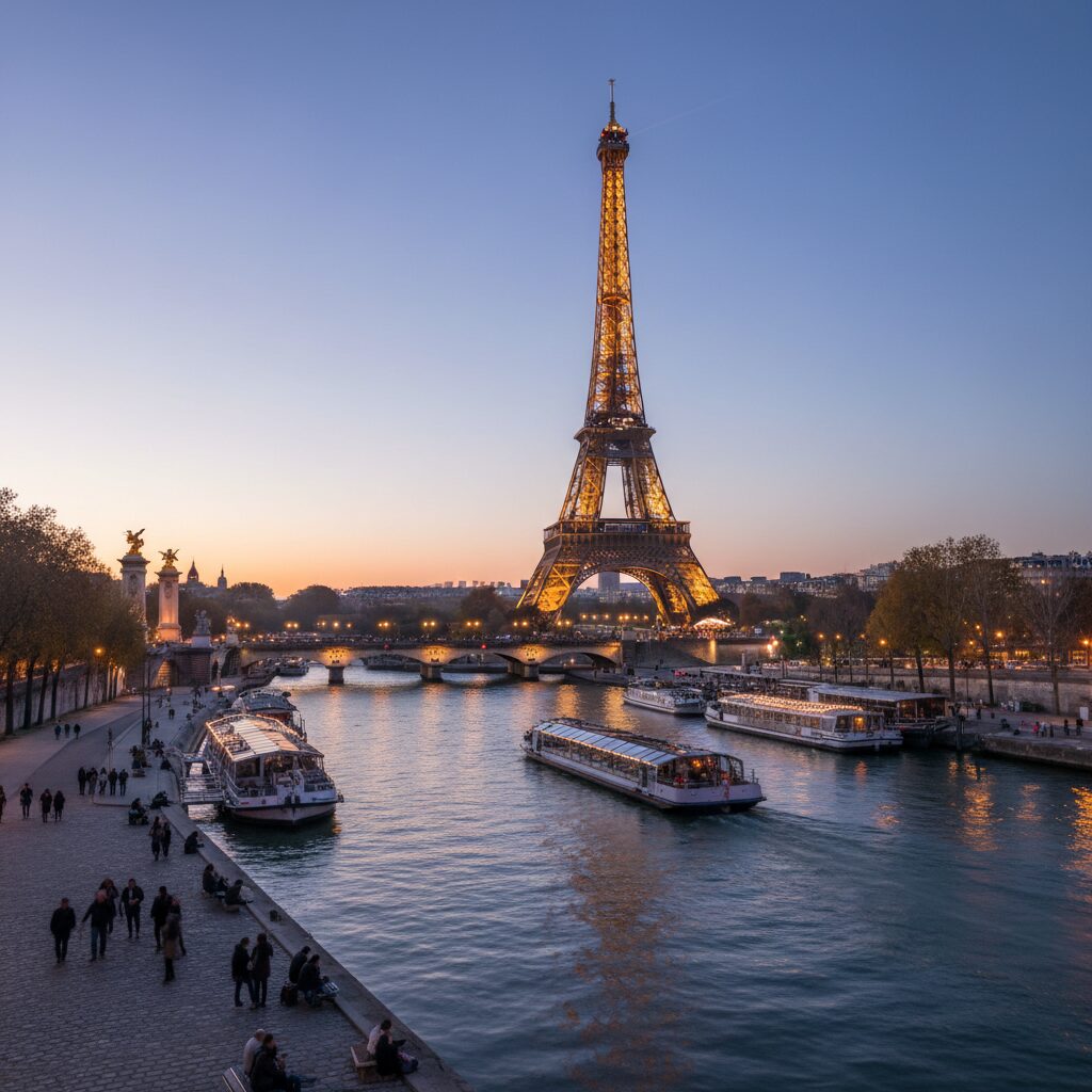 파리 에펠탑과 세느강의 저녁 풍경