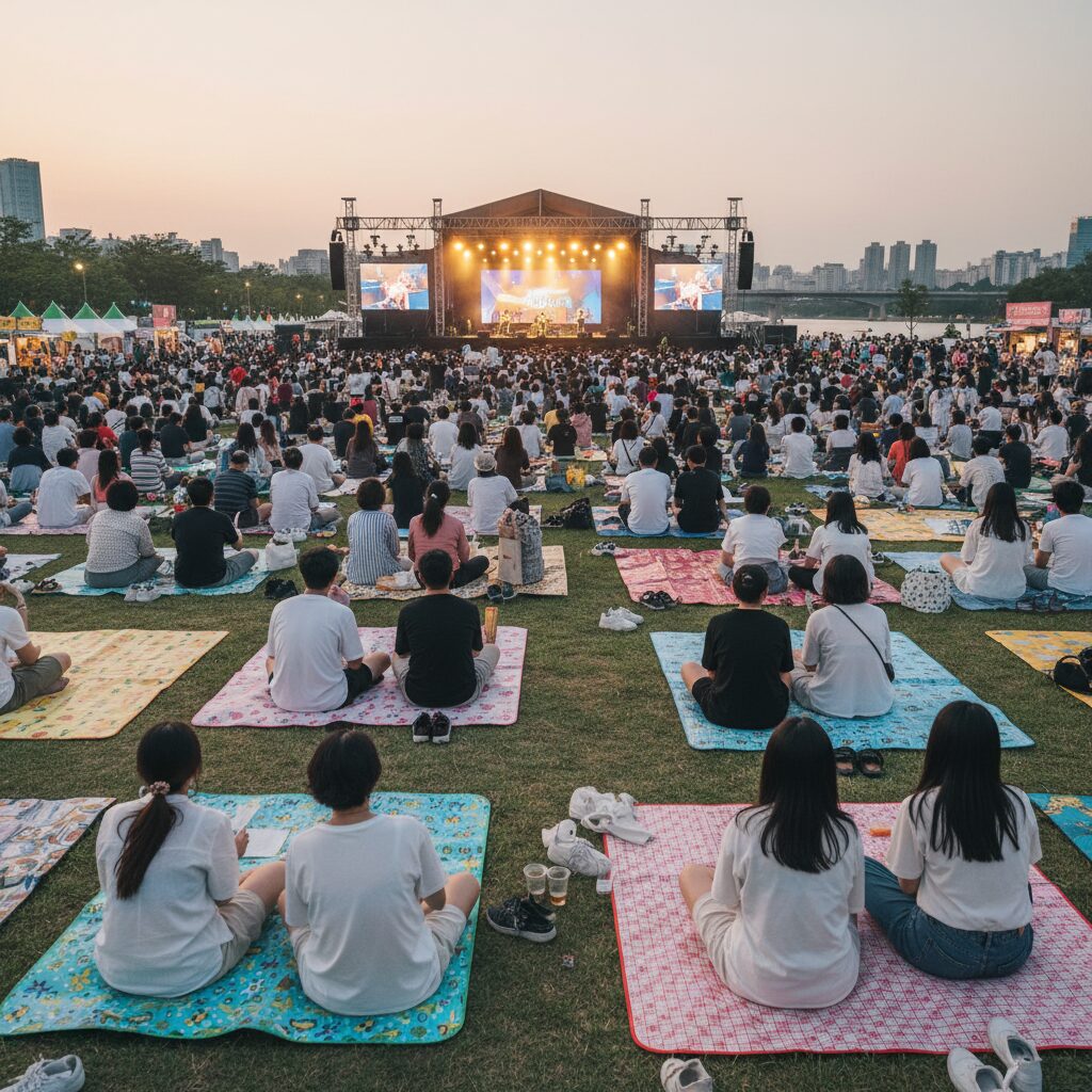 난지한강공원 피크페스티벌 관객들이 돗자리에 앉아 무대를 보는 모습