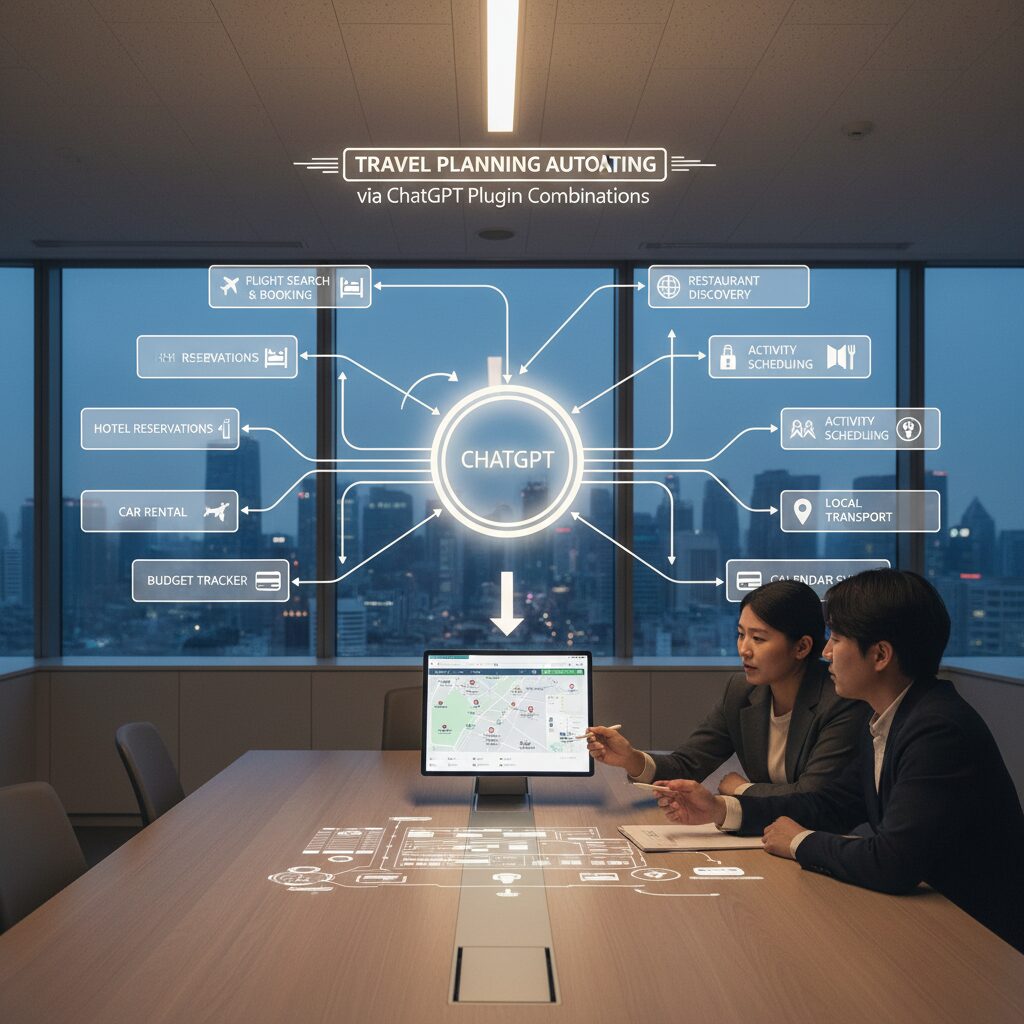 챗GPT 플러그인 조합을 통한 여행 계획 자동화 예시 다이어그램