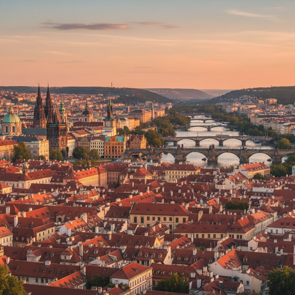 체코 프라하의 붉은 지붕과 성당이 보이는 도시 풍경