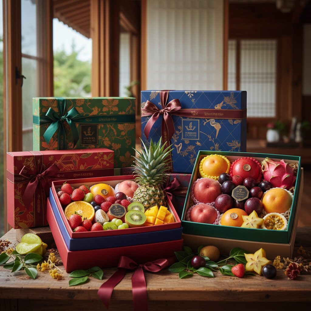 화려하게 포장된 다양한 계절 과일 선물세트 상자