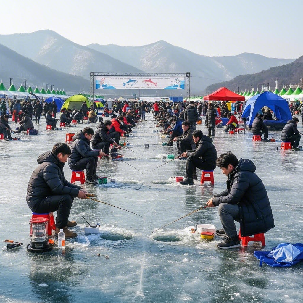평창 송어축제 얼음 위에서 낚시하는 사람들