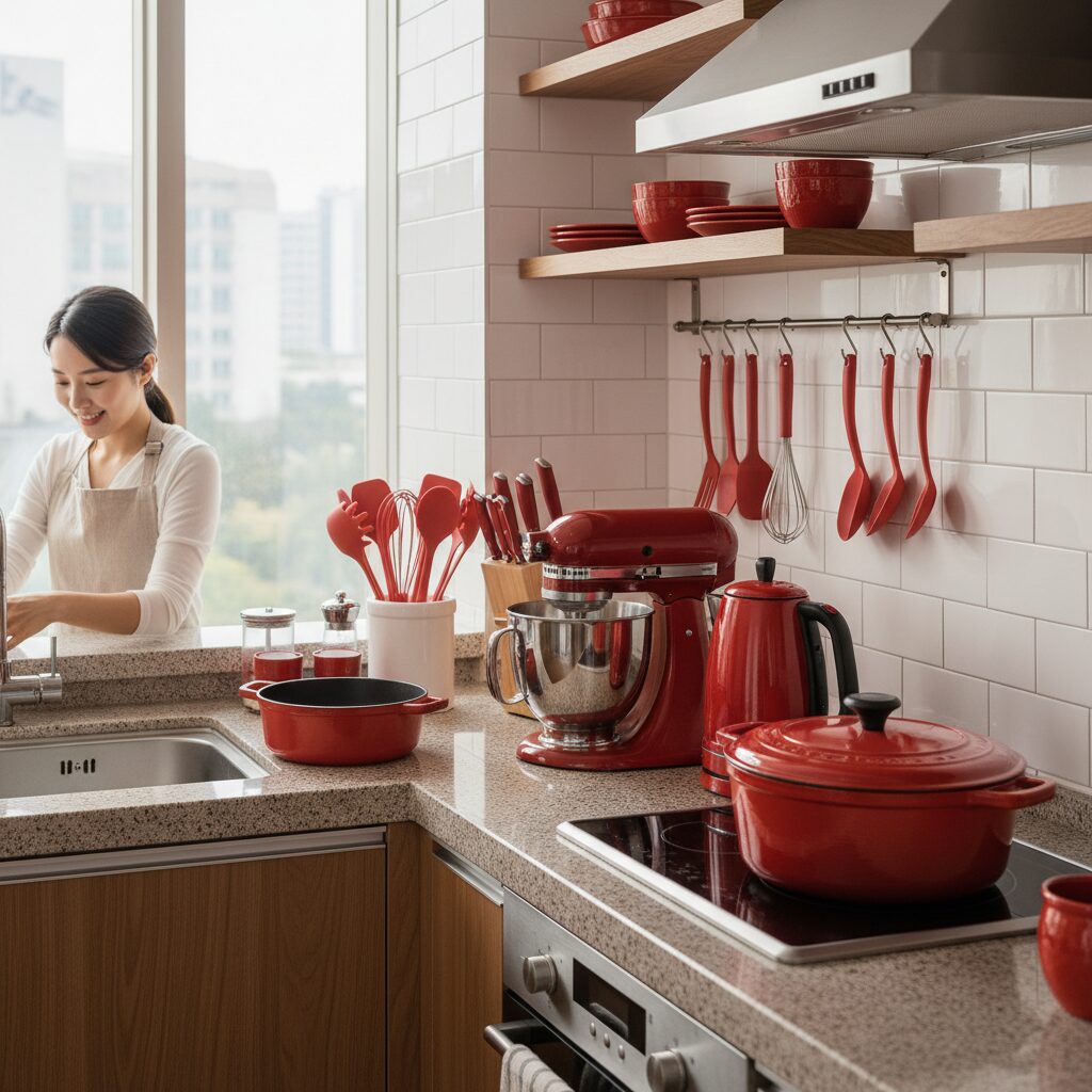 붉은색 주방용품들이 정리된 주방 카운터