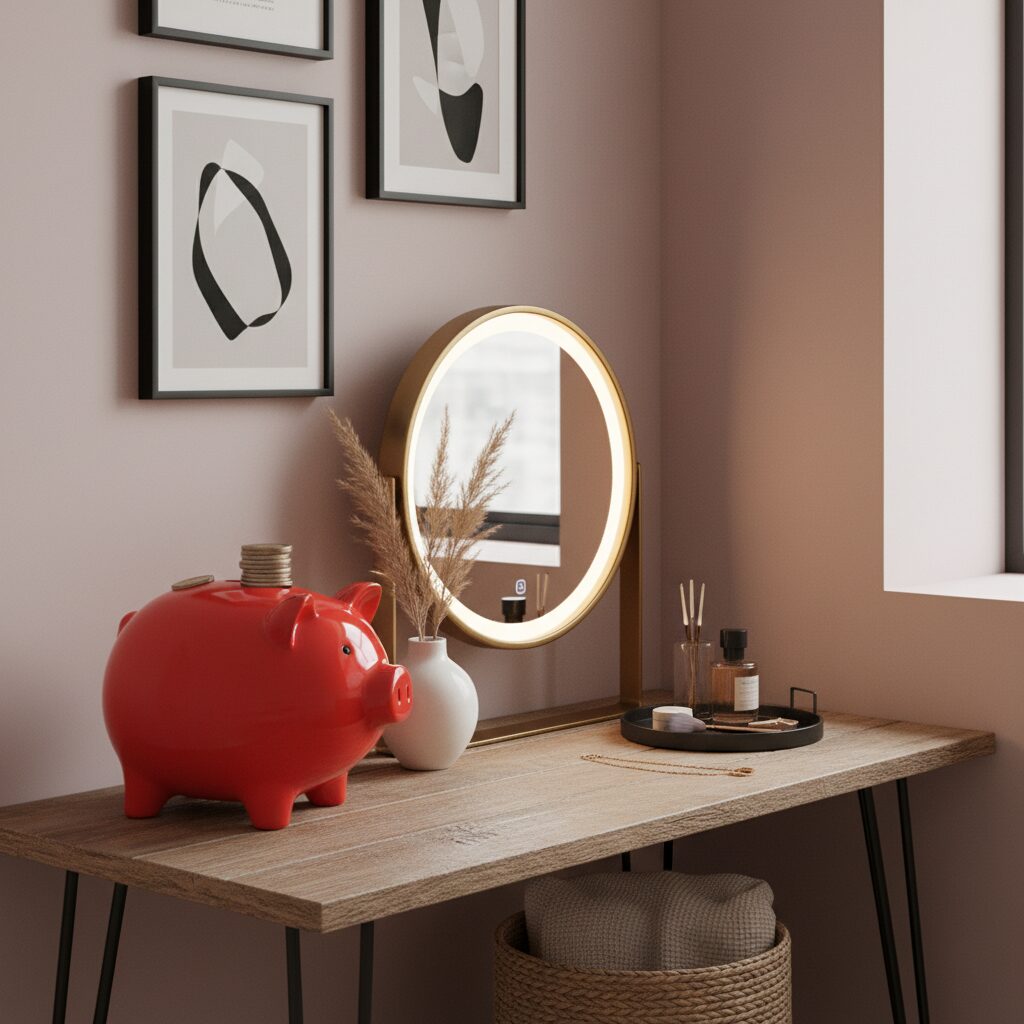 붉은색 저금통과 인테리어 소품이 함께 있는 화장대 코너