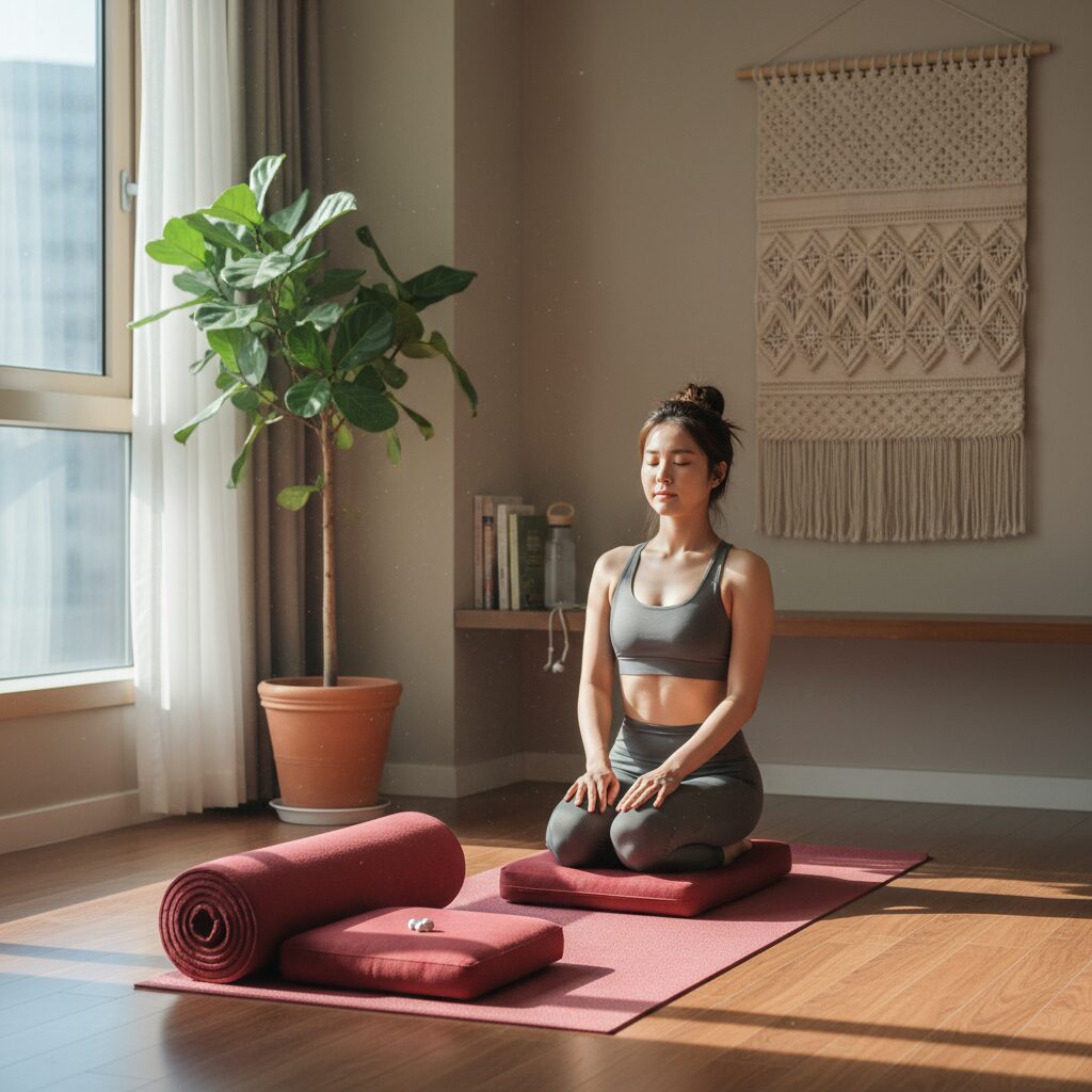 붉은색 요가 매트와 쿠션이 놓인 집 안 운동 코너