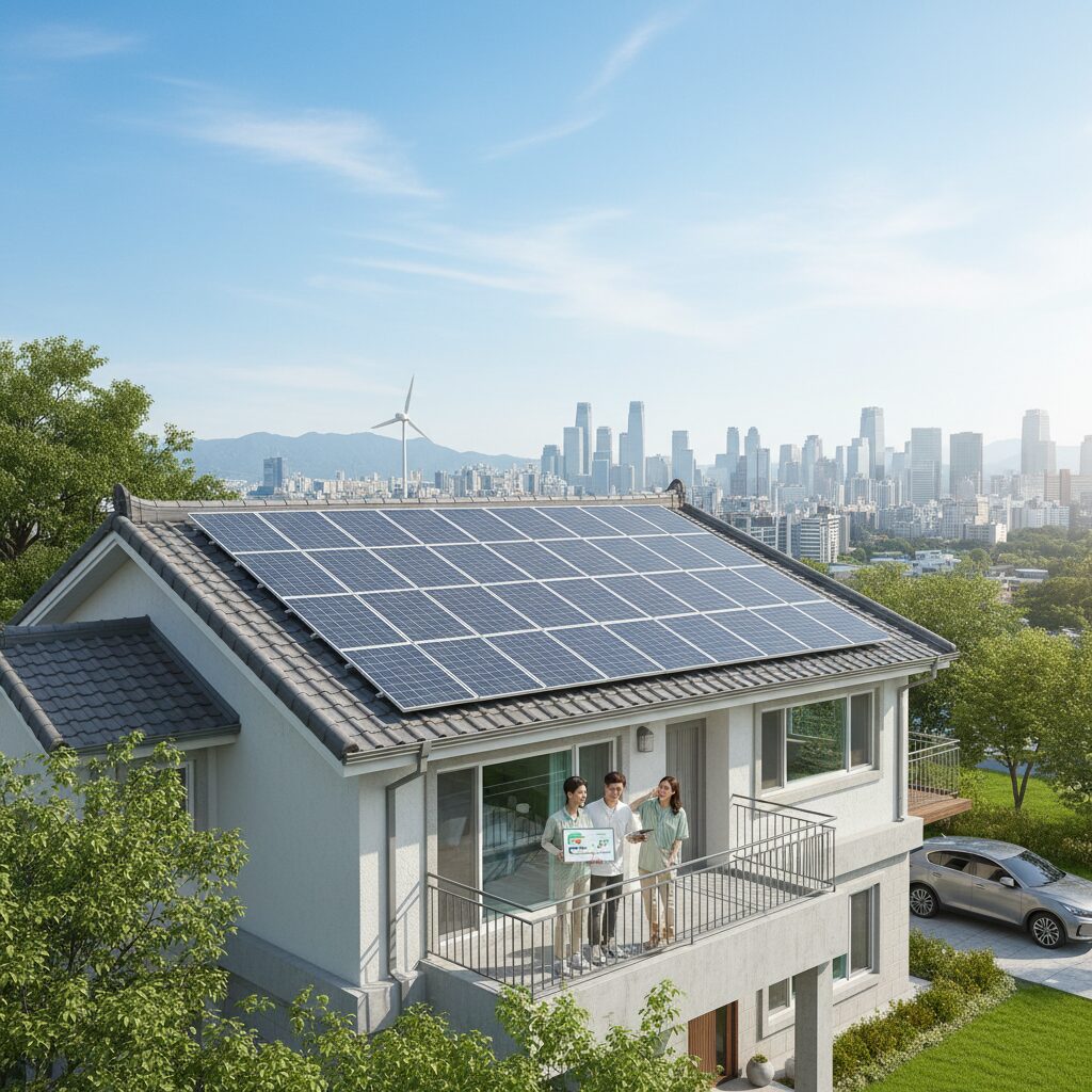 집 지붕의 태양광 패널과 친환경 에너지