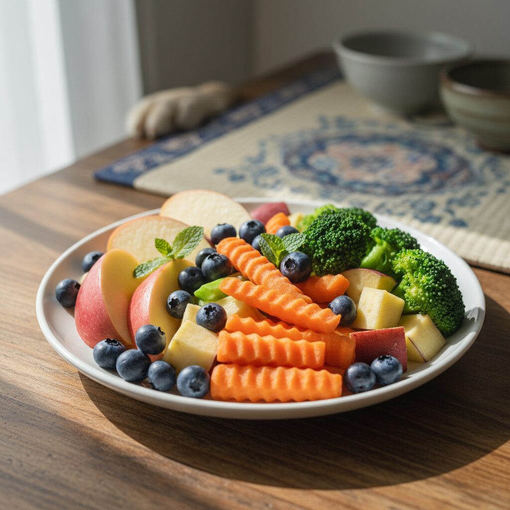 강아지에게 안전한 사과 블루베리 당근 등 과일과 채소가 접시에 담긴 모습