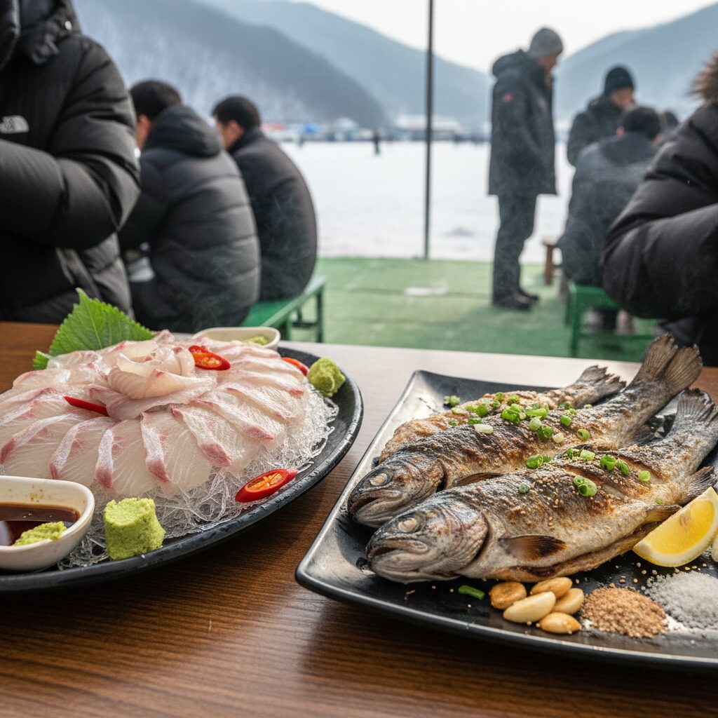 화천 산천어축제에서 제공되는 신선한 산천어 회와 구이 접시